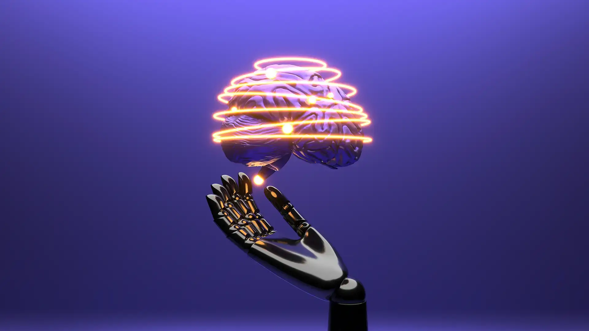 A brain wrapped in a wire of light being held up by a robotic hand against a purple background.