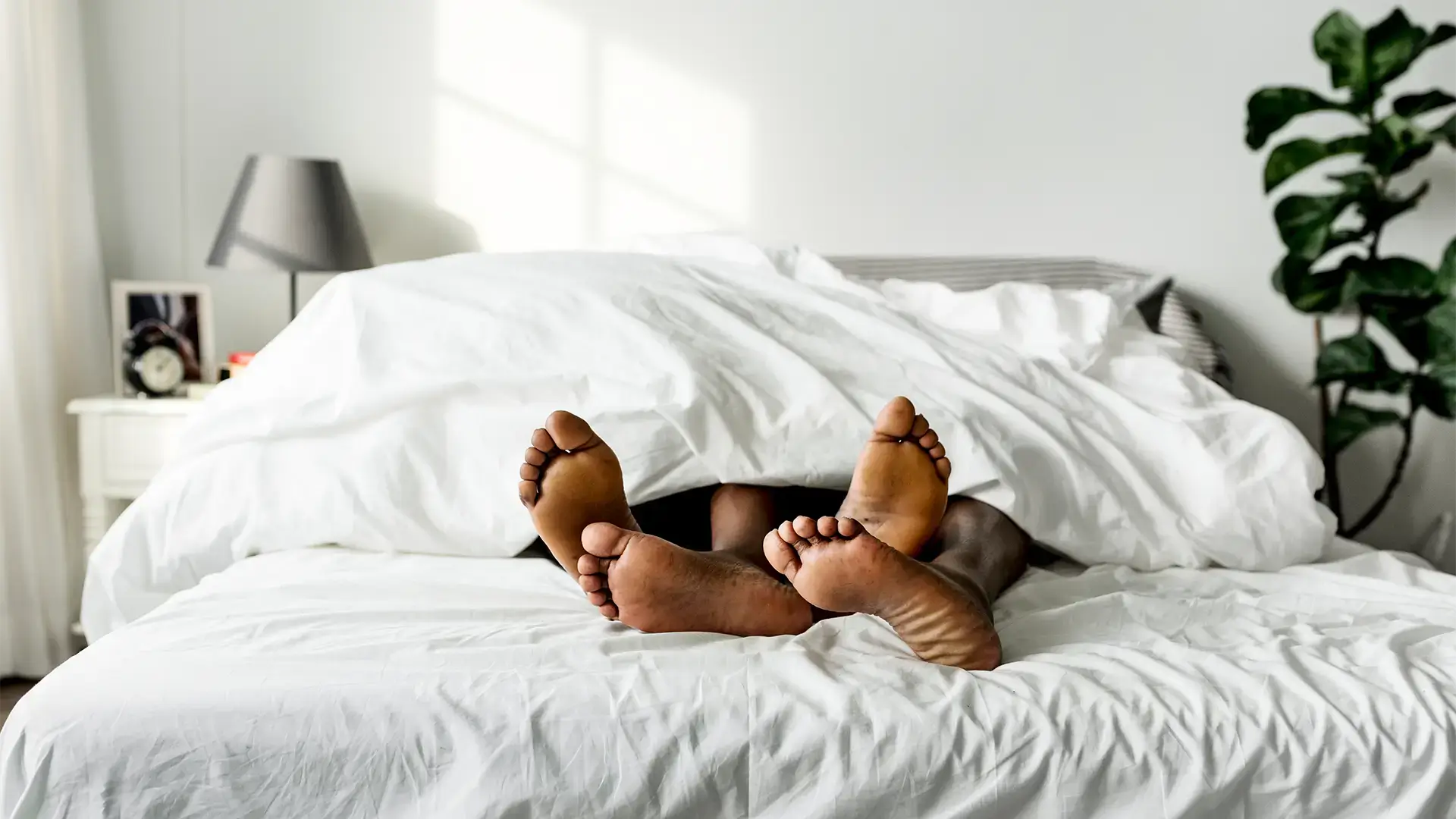Two pairs of feet poking out under a duvet covering two people