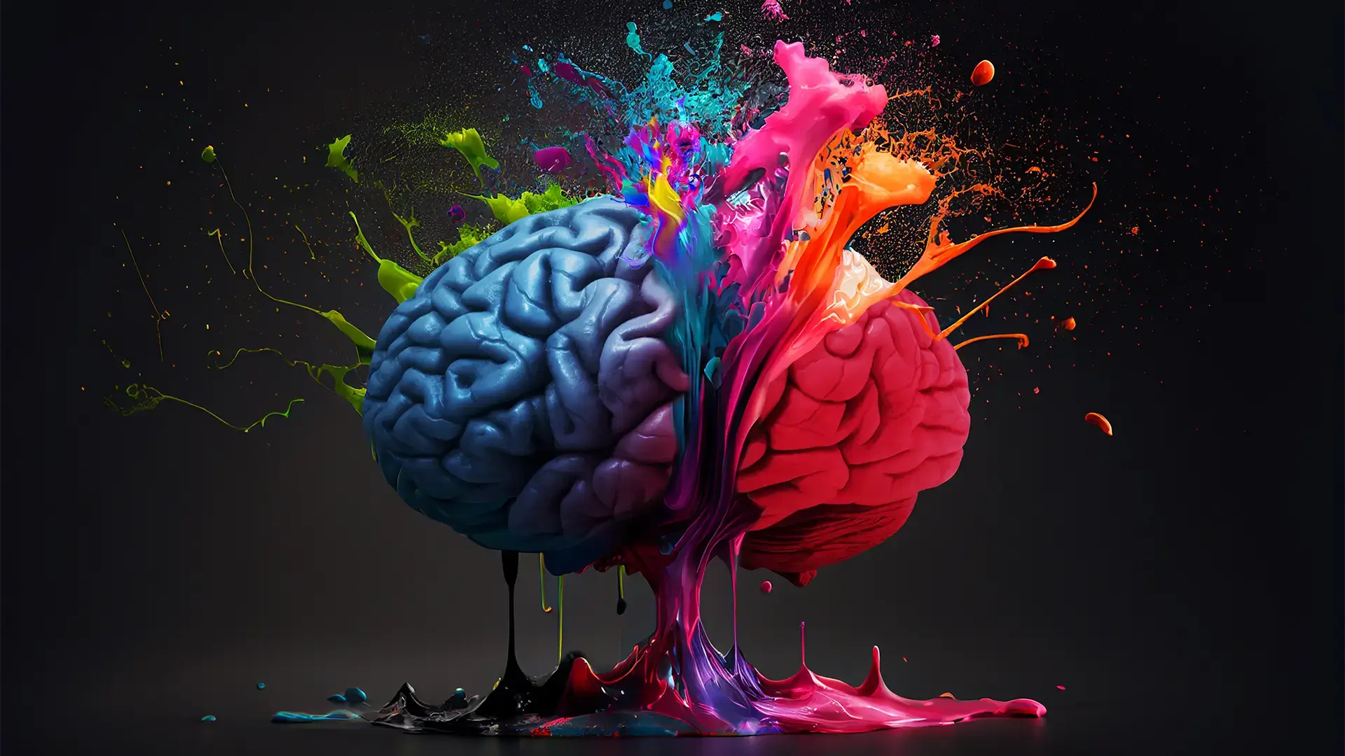 Two halves of a brain, one blue and one pink, with an explosion of paint coming out from the top