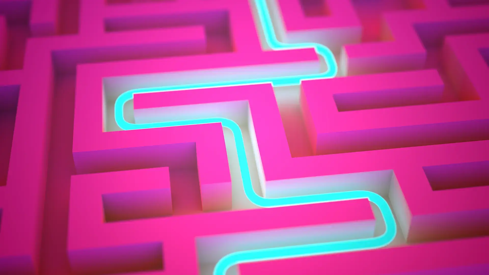 Blue neon path across endless pink 3D labyrinth.