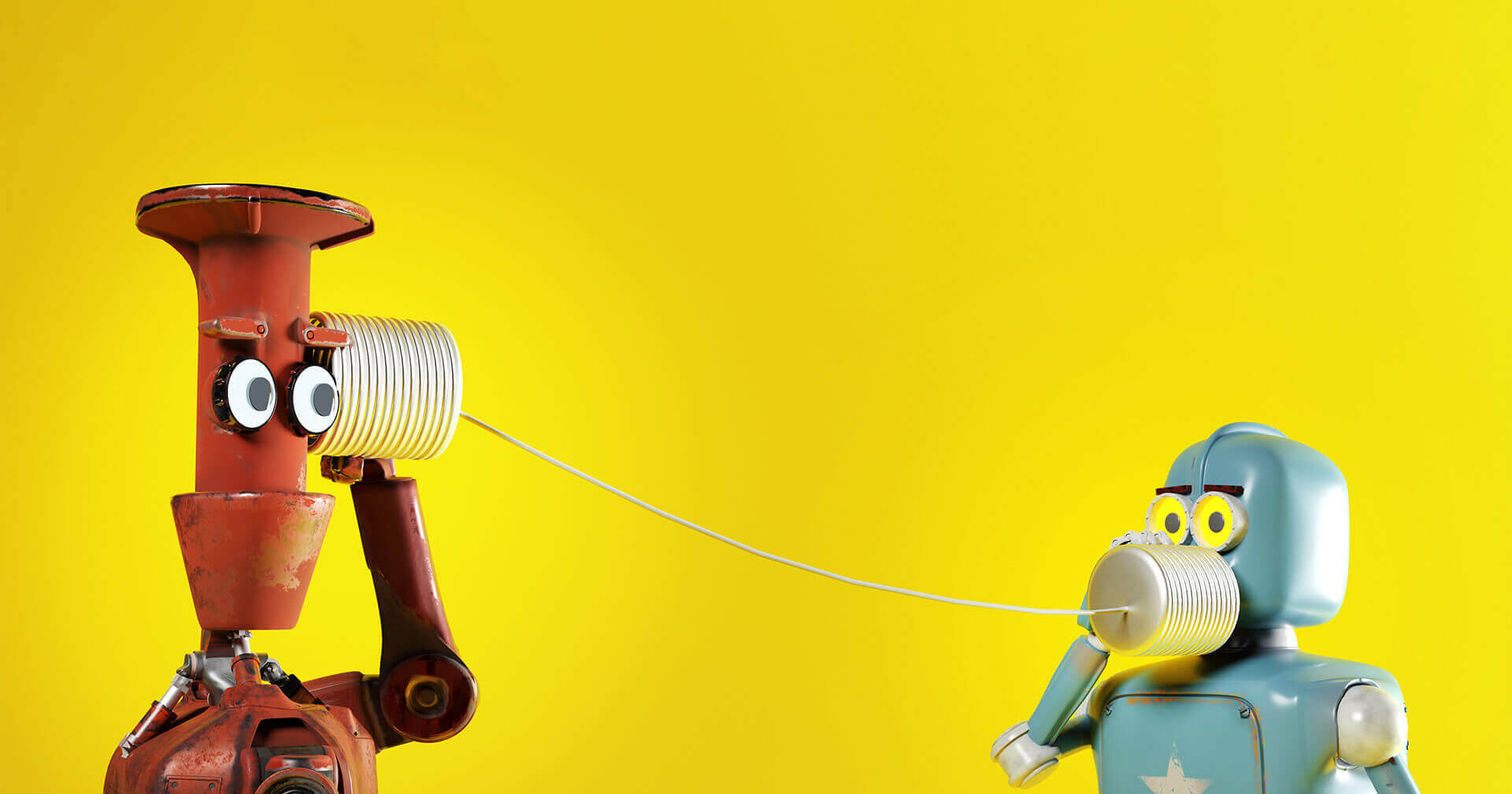 Two tin robots holding tins connected by string, one holds the tin to their ear and one to their mouth