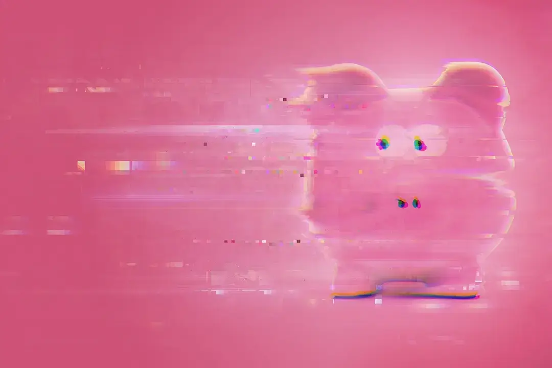 Bright pink image with a piggy bank conveying money being transferred